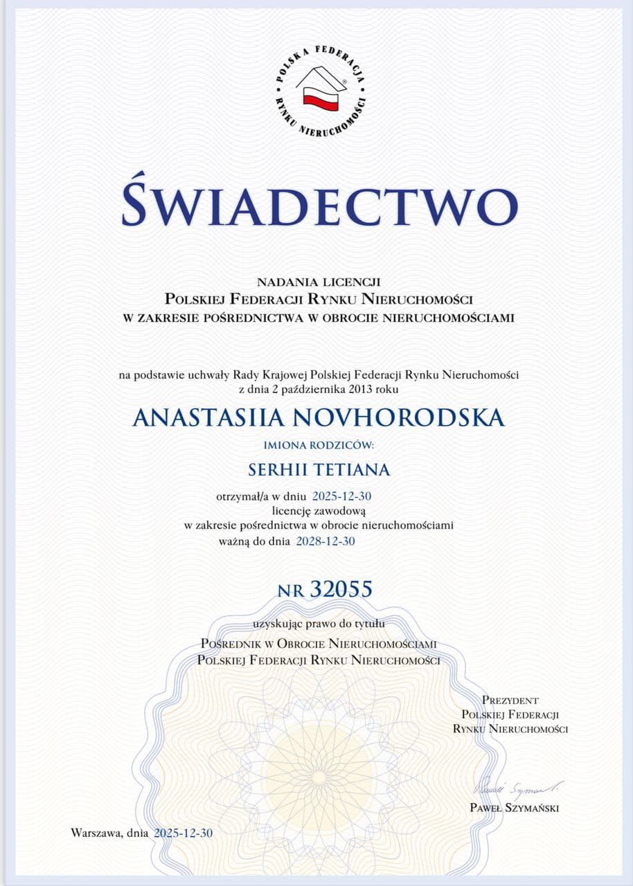 Свідоцтво ліцензії Anastasiia Novhorodska — Nova Estate, PFRN NR 32055