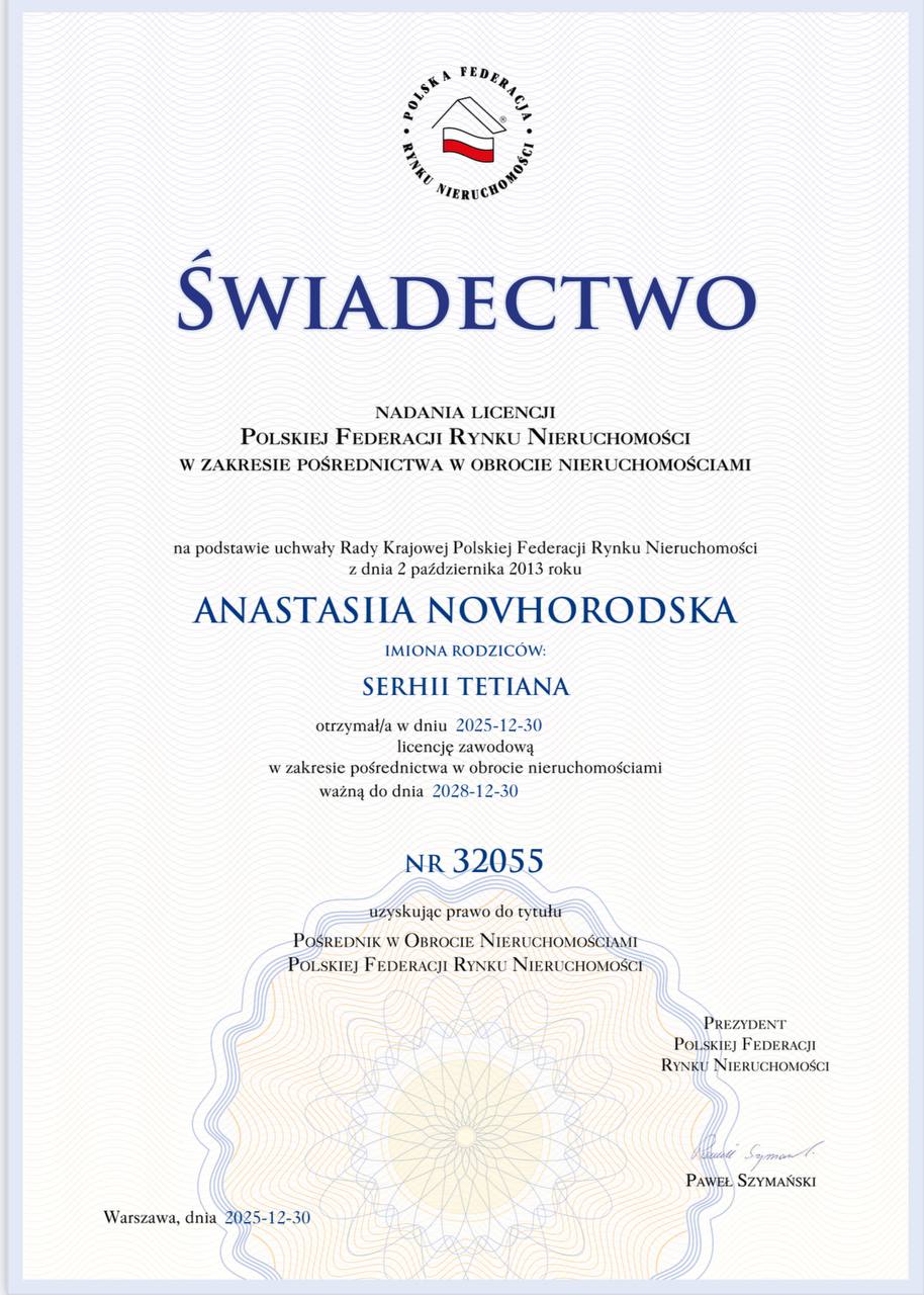 Свідоцтво ліцензії Anastasiia Novhorodska — Nova Estate, PFRN NR 32055